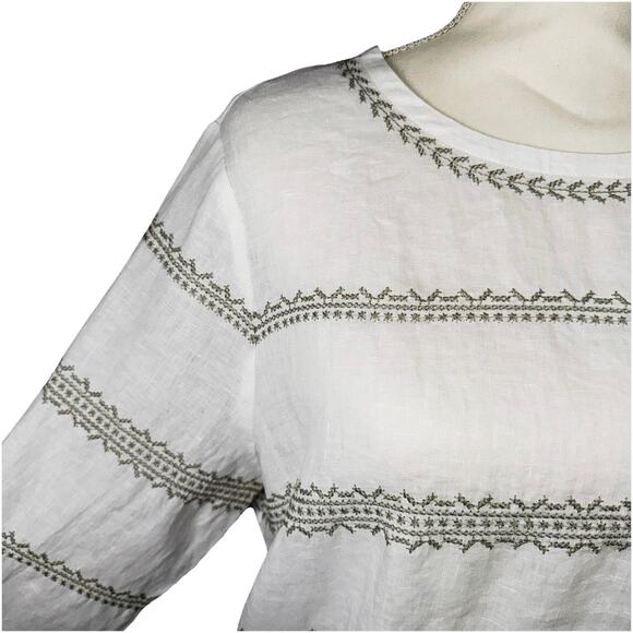 J. Jill Love Linen MD Top Blouse White Embroidered Stripe 3 QTR Balloon Sleeve - Picture 5 of 8